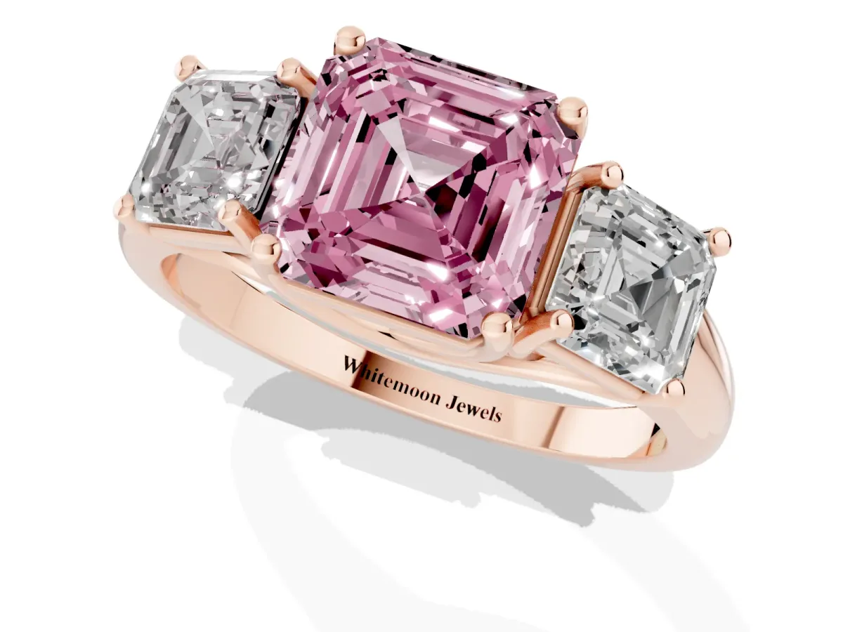Fancy Pink Three-Stone Asscher Cut Diamond Engagement Ring with Prong Setting Rose gold