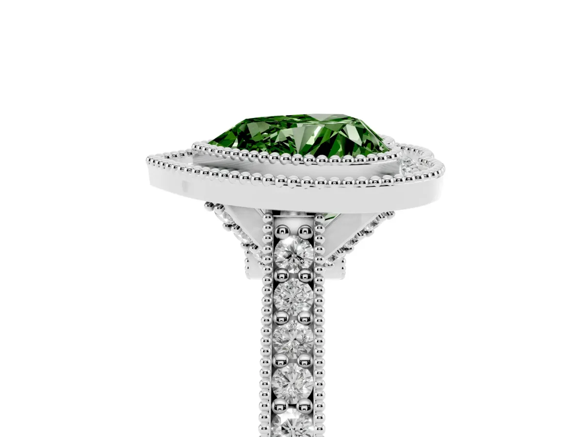 Fancy Green Halo Heart Cut-Cut Diamond Pave Band Milgrain Prong Setting Ring Silver