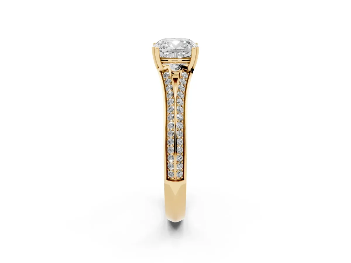 Cushion Cut Diamond Split Shank Engagement Ring with Pavé Band Yellow gold