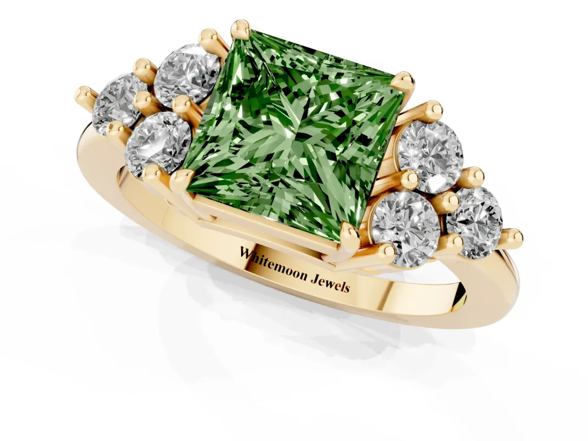 Fancy Green Princess Cut Brilliant Diamond Cluster Accent Solitaire Ring with Prong Setting Yellow gold