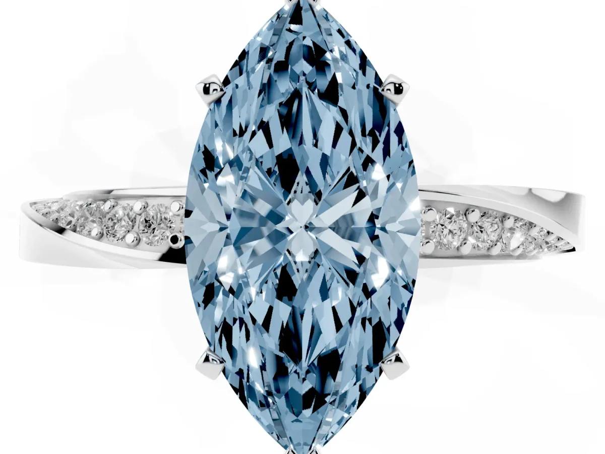 Fancy Blue Marquise Cut Diamond Engagement Ring with Side Stone Accents and Four-Prong Setting Silver