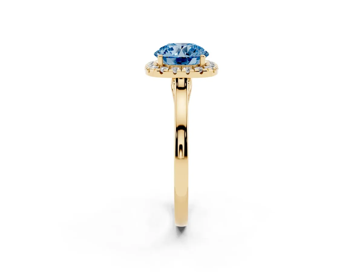 Fancy Blue Round Cut Halo Round Diamond Solitaire Ring with Pavé Band and Four-Prong Setting Yellow gold