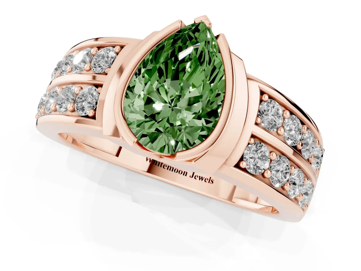 Fancy Green Pear Cut Brilliant Diamond Channel Set Wide Band Ring with Bezel Setting Rose gold