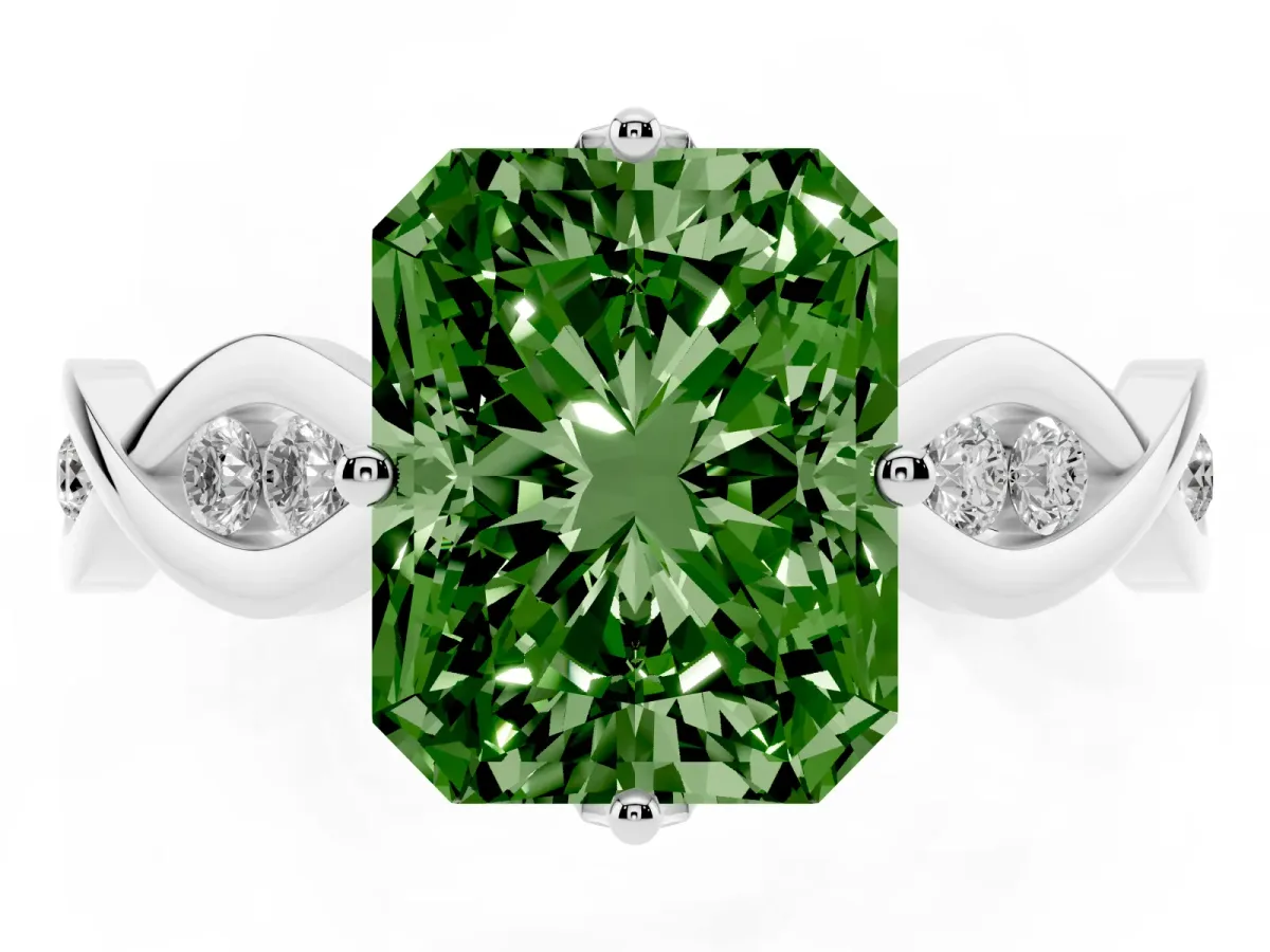 Fancy Green Radiant Cut Solitaire Twist Band with Leaf Prong Setting Silver
