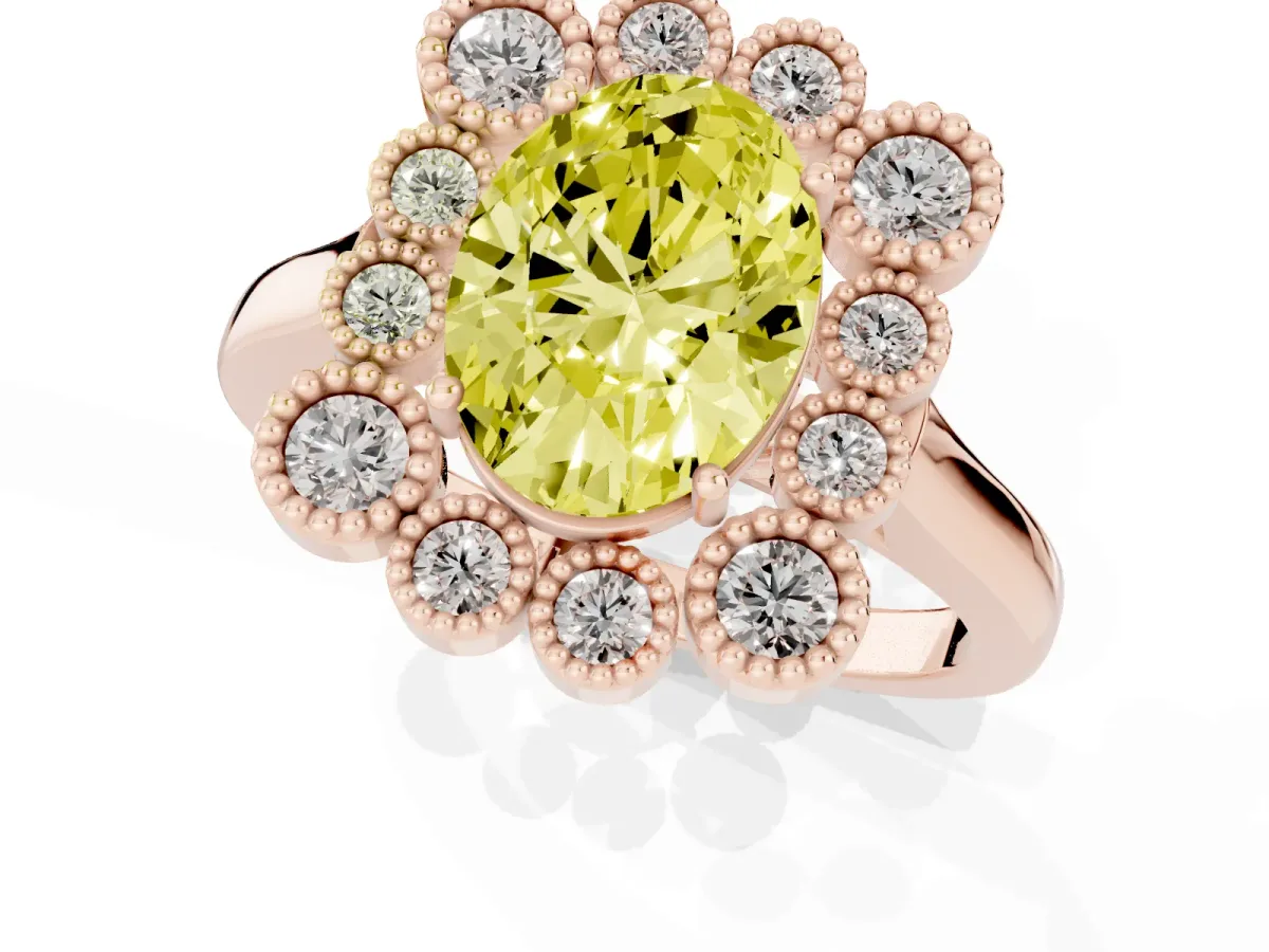 Fancy Yellow Oval Cut Halo Diamond Cluster Engagement Ring with Milgrain Bezel Setting and Solitaire Band Rose gold