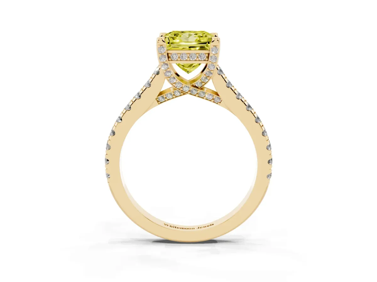 Fancy Yellow Princess Cut Brilliant Diamond Solitaire with Pavé Band and Four-Prong Setting Yellow gold