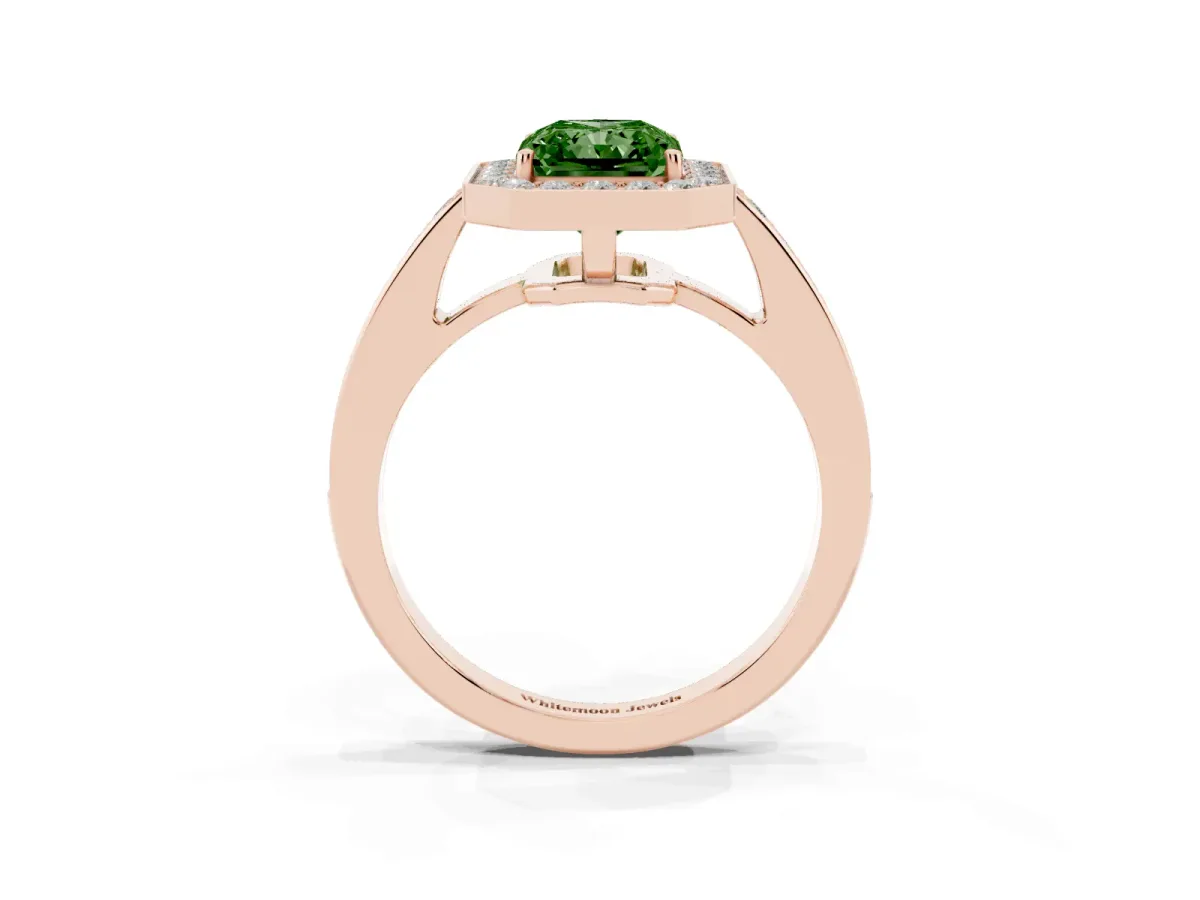 Fancy Green Radiant Cut Halo Pavé Diamond Engagement Ring with Bezel Setting Rose gold