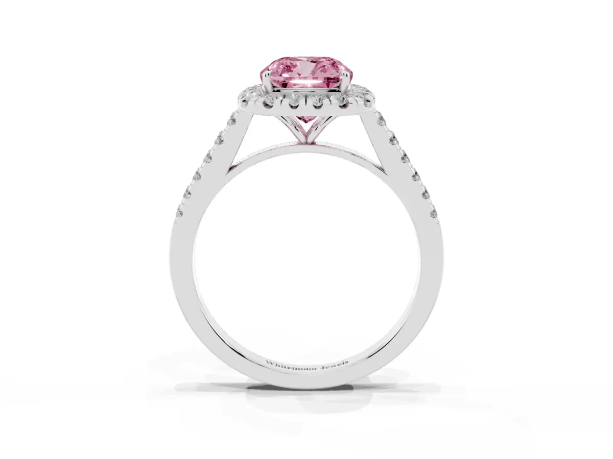 Fancy Pink Cushion Cut Halo Pave Diamond Engagement Ring with Four-Prong Setting Silver