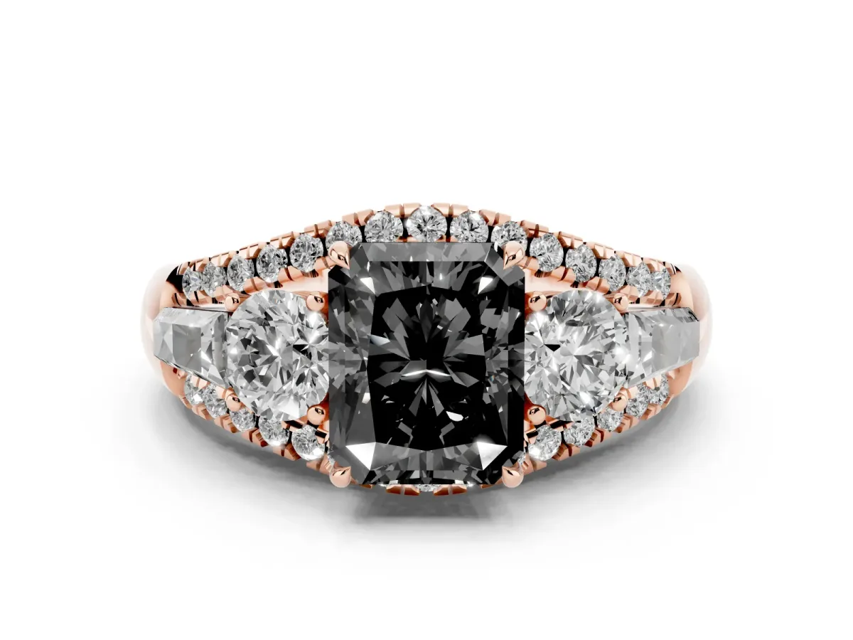 Fancy Black Three-Stone Radiant Cut Diamond Engagement Ring with Pave Band and Prong Setting Rose gold