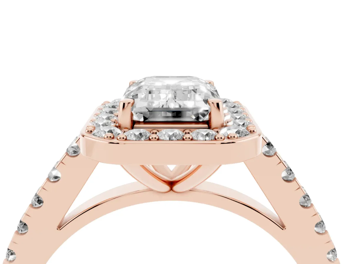 Emerald Cut Diamond Halo Ring with Round Pavé Split Shank and Prong Setting Rose gold