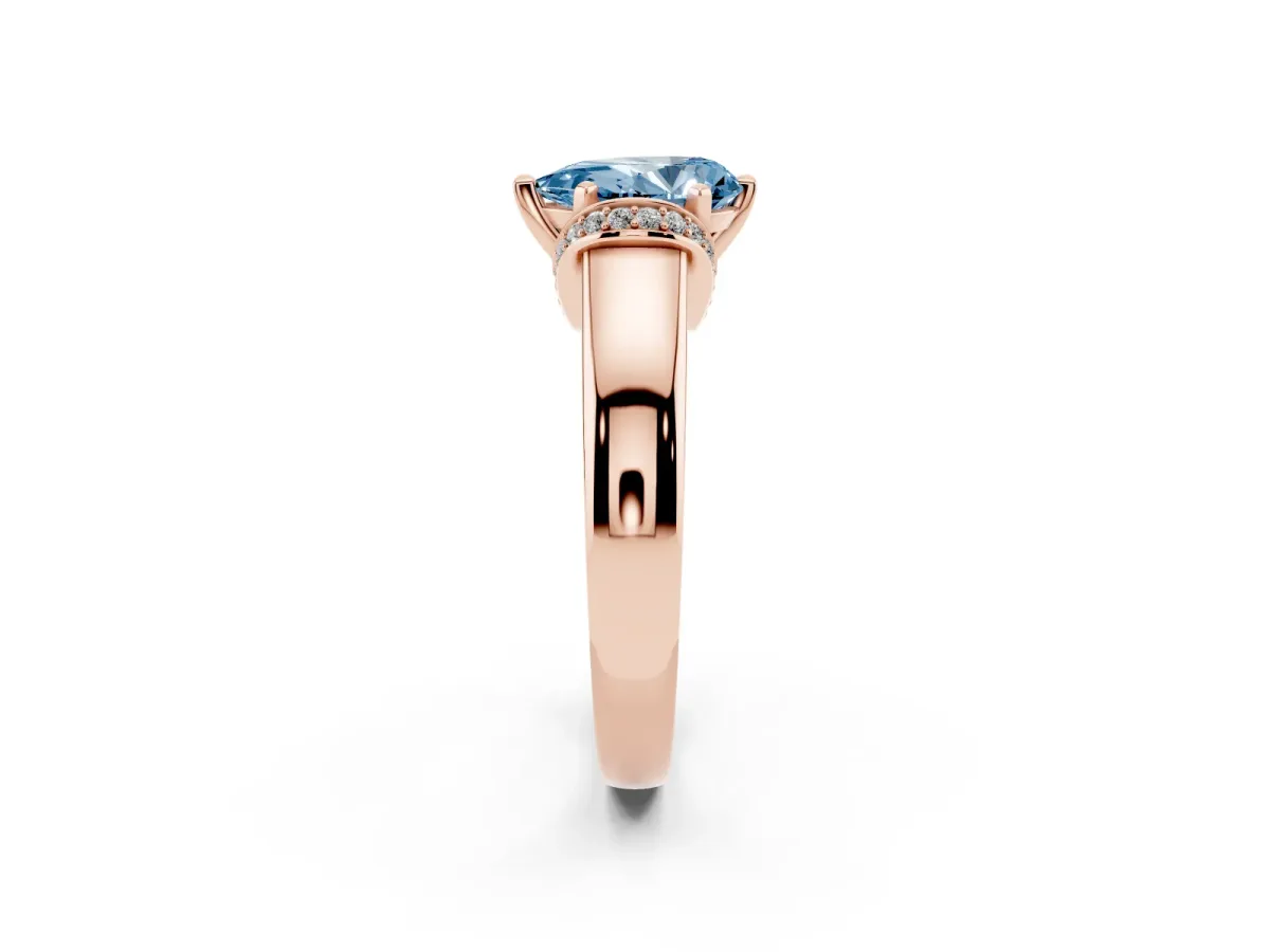 Fancy Blue Pear Cut Solitaire Diamond Ring with Pave Band and Six-Prong Setting Rose gold