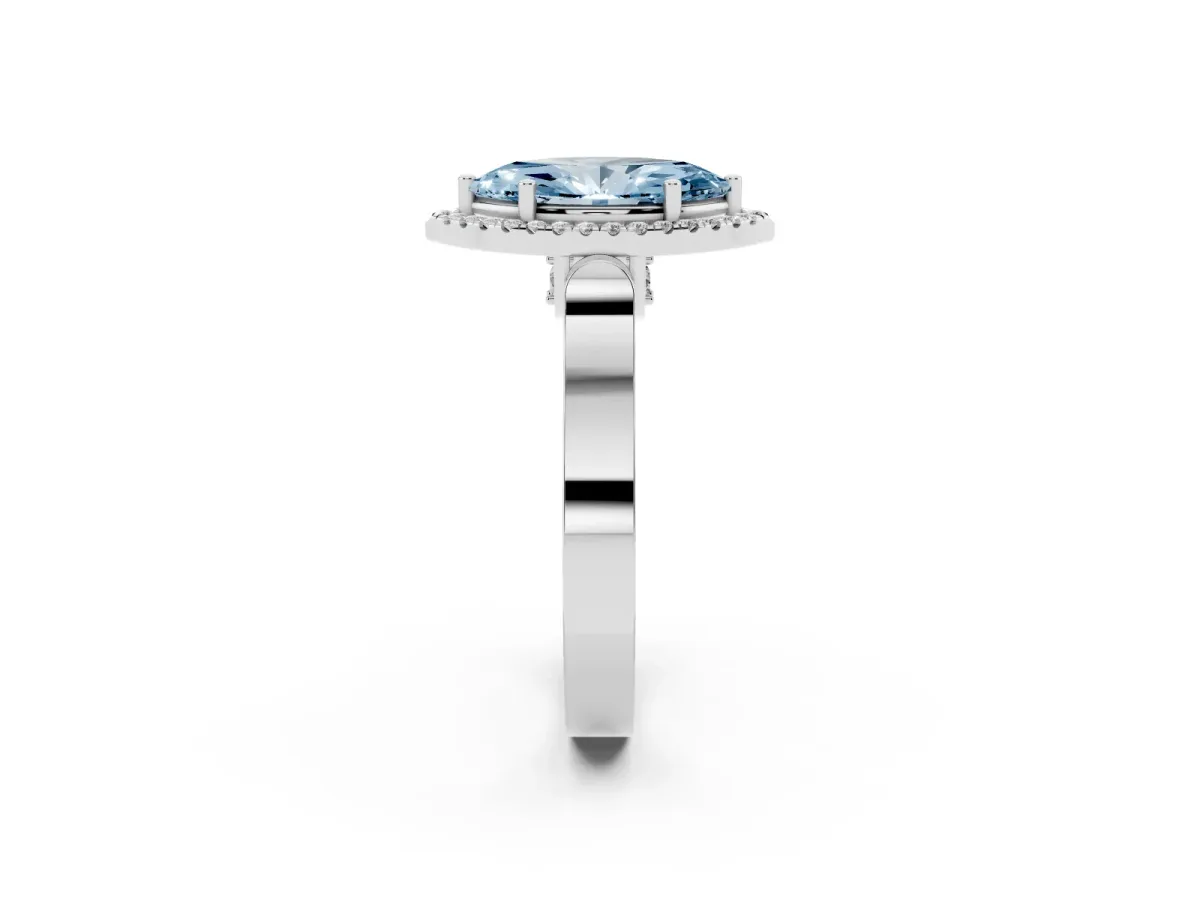 Fancy Blue Marquise Cut Halo Round Diamond Twist Band with Four-Prong Setting White gold