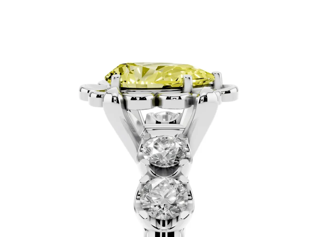 Fancy Yellow Pear Cut Cut Diamond Floral Halo Engagement Ring with Shared Prong Setting Silver