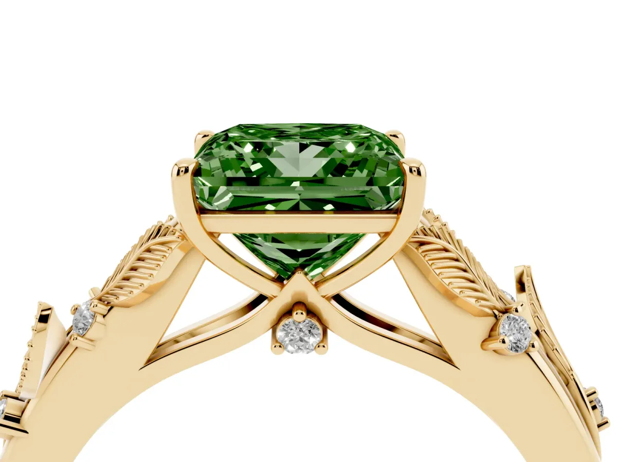 Fancy Green Princess Cut Diamond Solitaire Ring with Leaf Motif Band and Four-Prong Setting Yellow gold