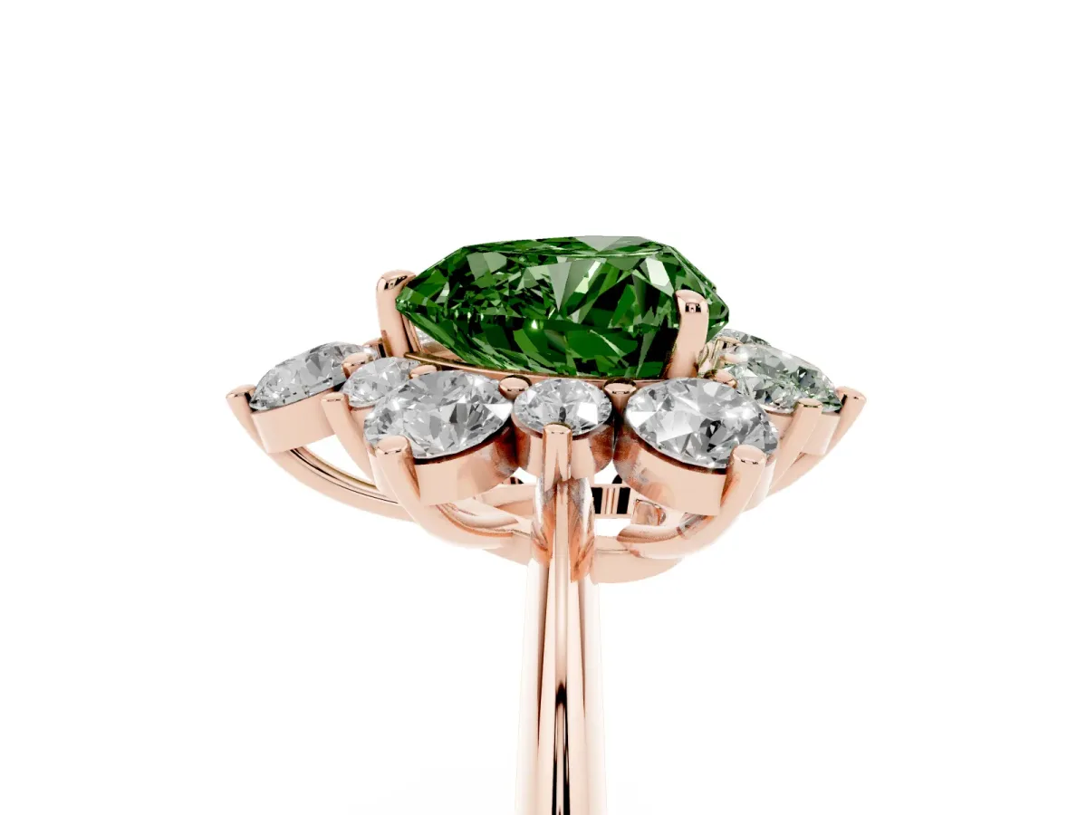 Fancy Green Heart Cut Diamond Cluster Halo Ring with Solitaire Band and Four-Prong Setting Rose gold