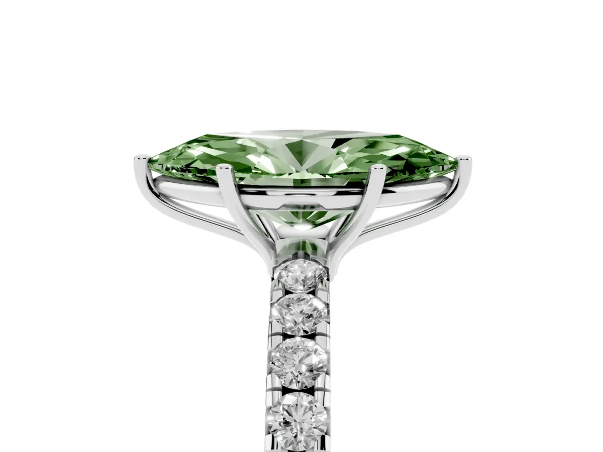 Fancy Green Marquise Cut Diamond Pavé Solitaire Engagement Ring with Four-Prong Setting Silver