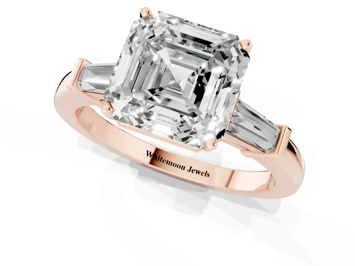 Asscher Cut Cut Diamond Solitaire Ring with Tapered Baguette Accents and Four-Prong Setting Rose gold