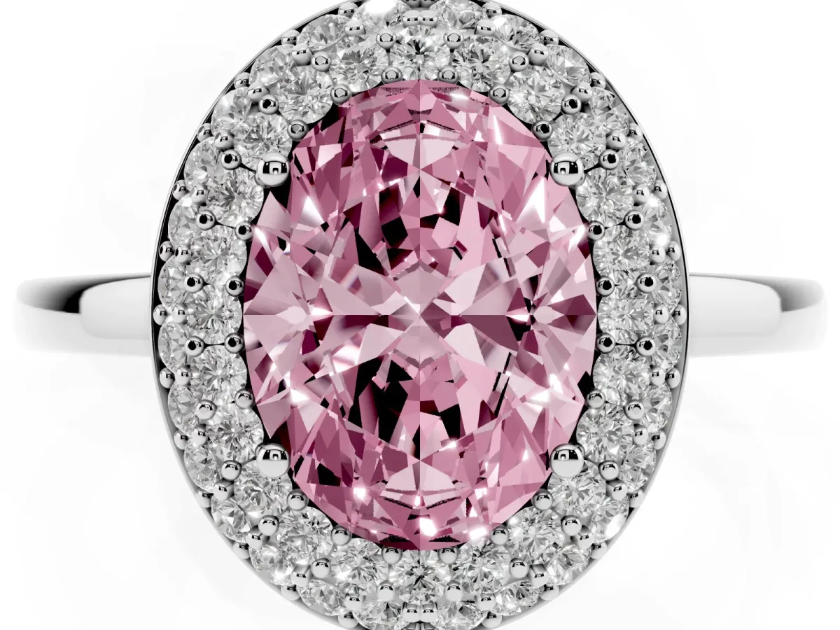 Fancy Pink Oval Cut Halo Diamond Engagement Ring with Solitaire Band and Four-Prong Setting Platinum