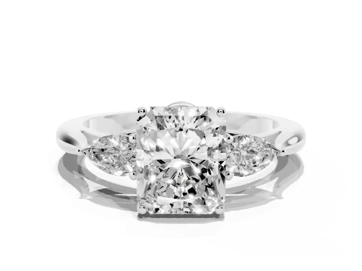 Three-Stone Radiant Cut Brilliant Diamond Solitaire Ring with Tapered Band and Four-Prong Setting Platinum
