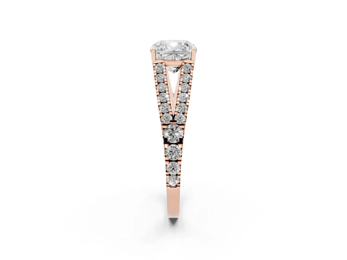 Cushion Cut Diamond Split Shank Engagement Ring with Round Pavé and Prong Setting Rose gold