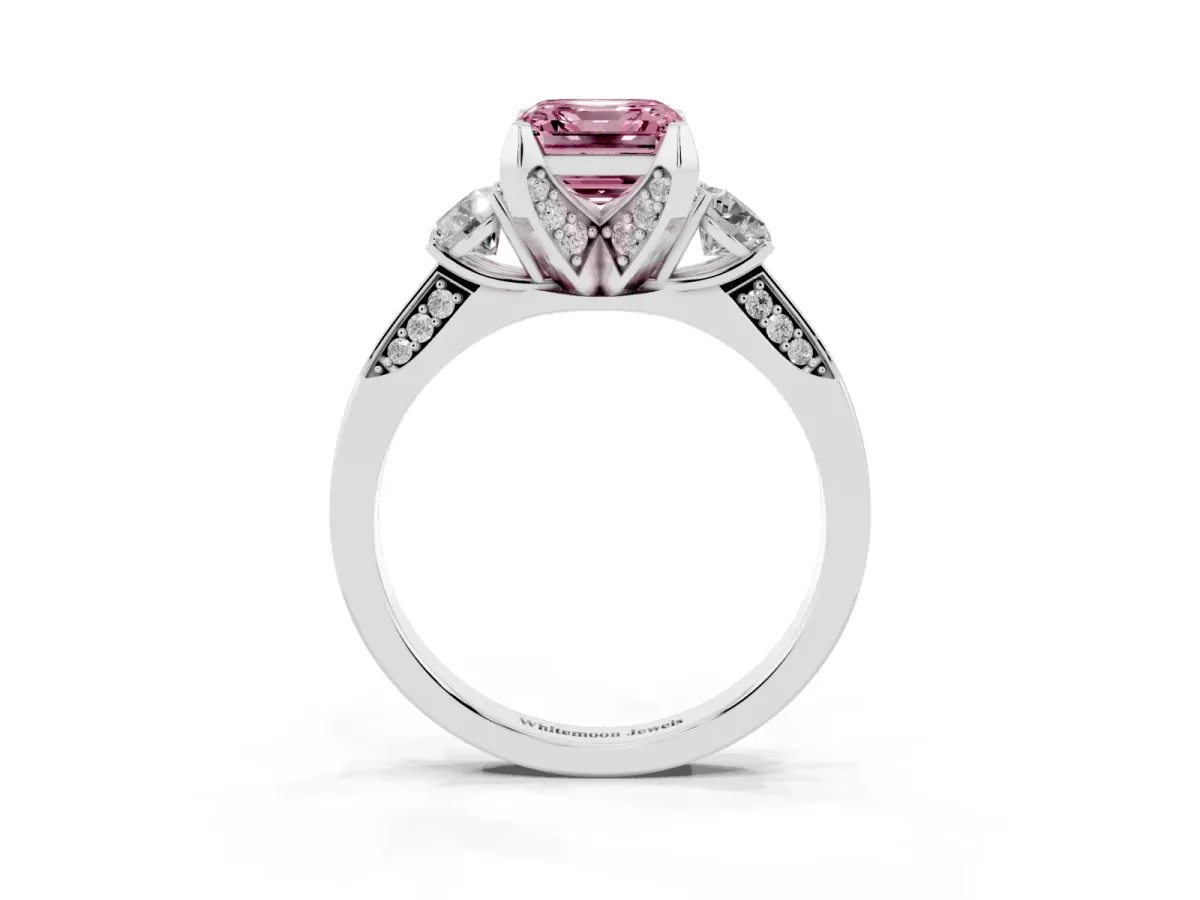 Fancy Pink Asscher Cut Brilliant Three-Stone Diamond Ring with Pavé Band and Four-Prong Setting Platinum