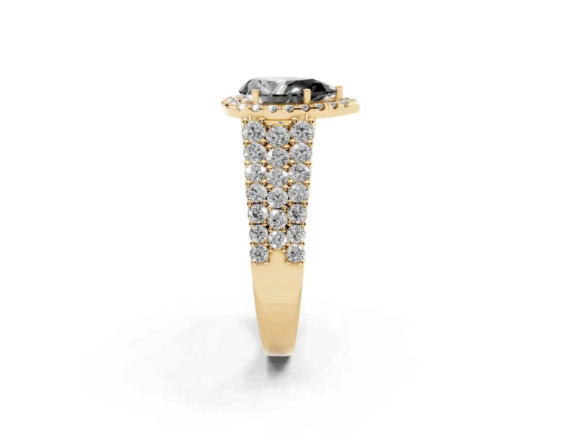 Fancy Black Pear Cut Diamond Halo Engagement Ring with Triple Row Round Pavé Band and Prong Setting Yellow gold
