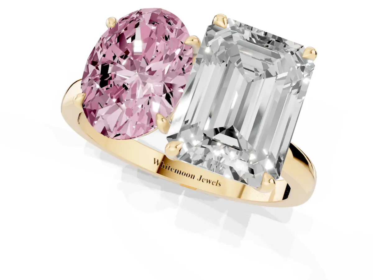 Fancy Pink Oval Cut and Emerald Cut Toi Moi Ring with Prong Setting Yellow gold