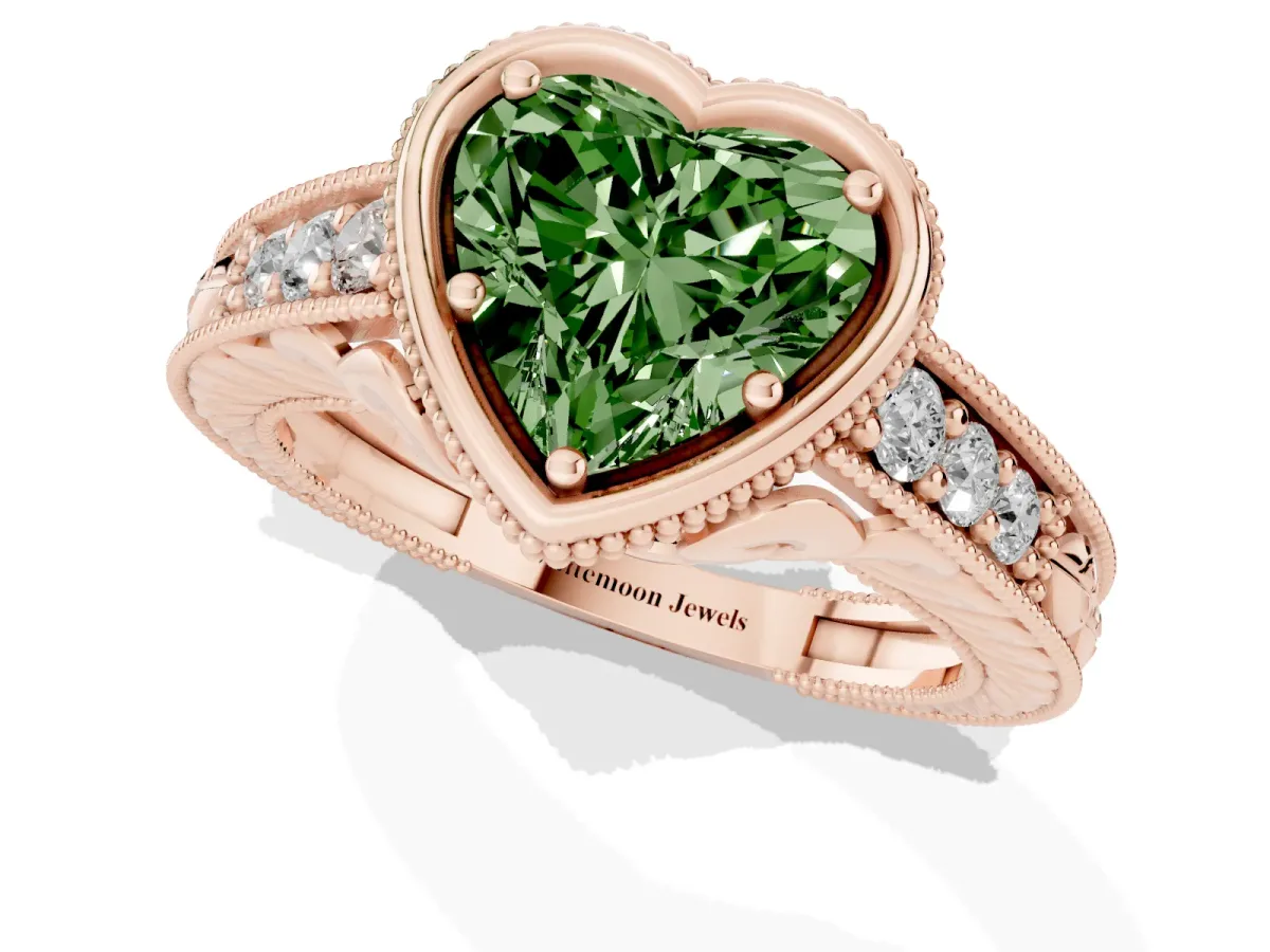 Fancy Green Bezel Set Heart Cut Diamond Milgrain Pave Engagement Ring Rose gold