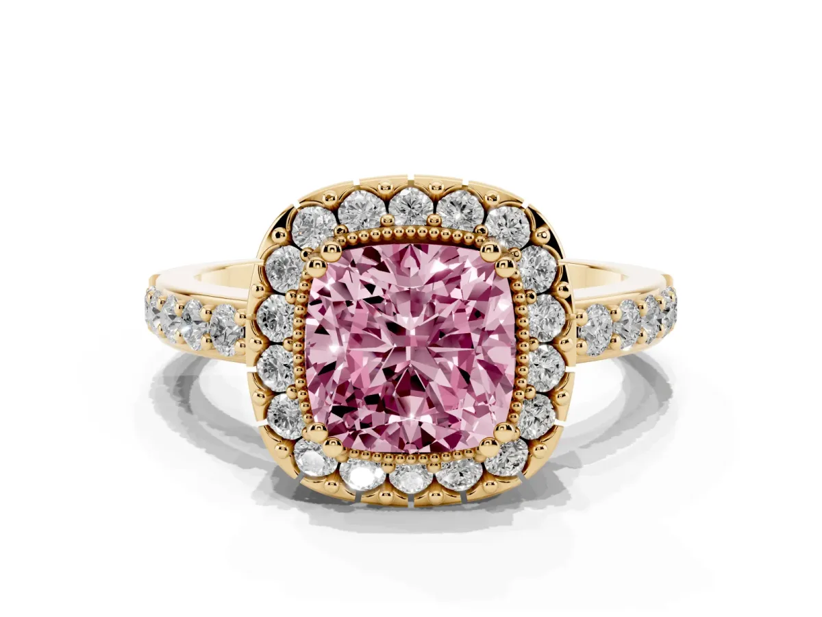 Fancy Pink Cushion Cut Diamond Halo Ring with Pavé Band and Prong Setting Yellow gold