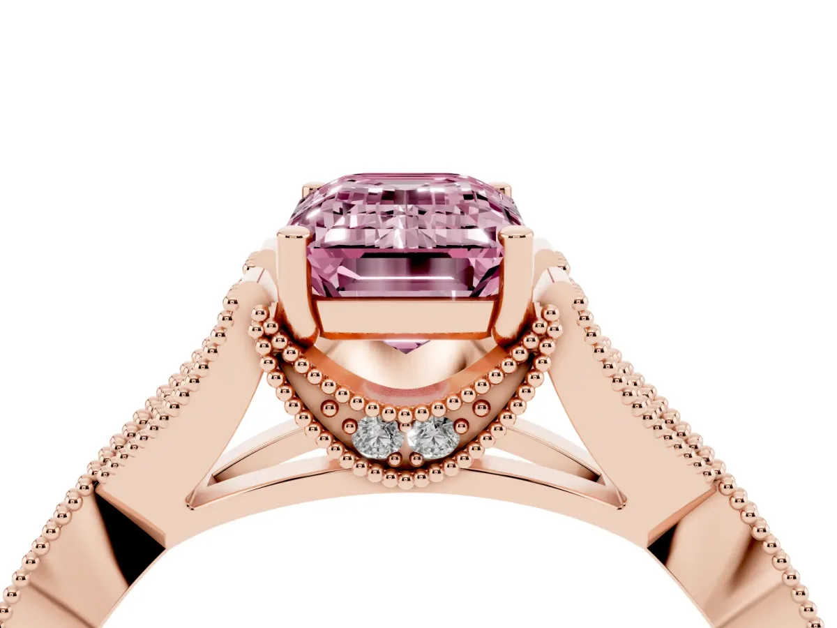 Fancy Pink Emerald Cut Cut Diamond Twisted Band with Milgrain Pave Setting and Four-Prong Setting Rose gold
