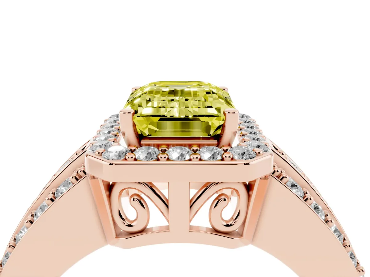 Fancy Yellow Emerald Cut Halo Diamond Ring with Round Split Shank and Prong Setting Rose gold