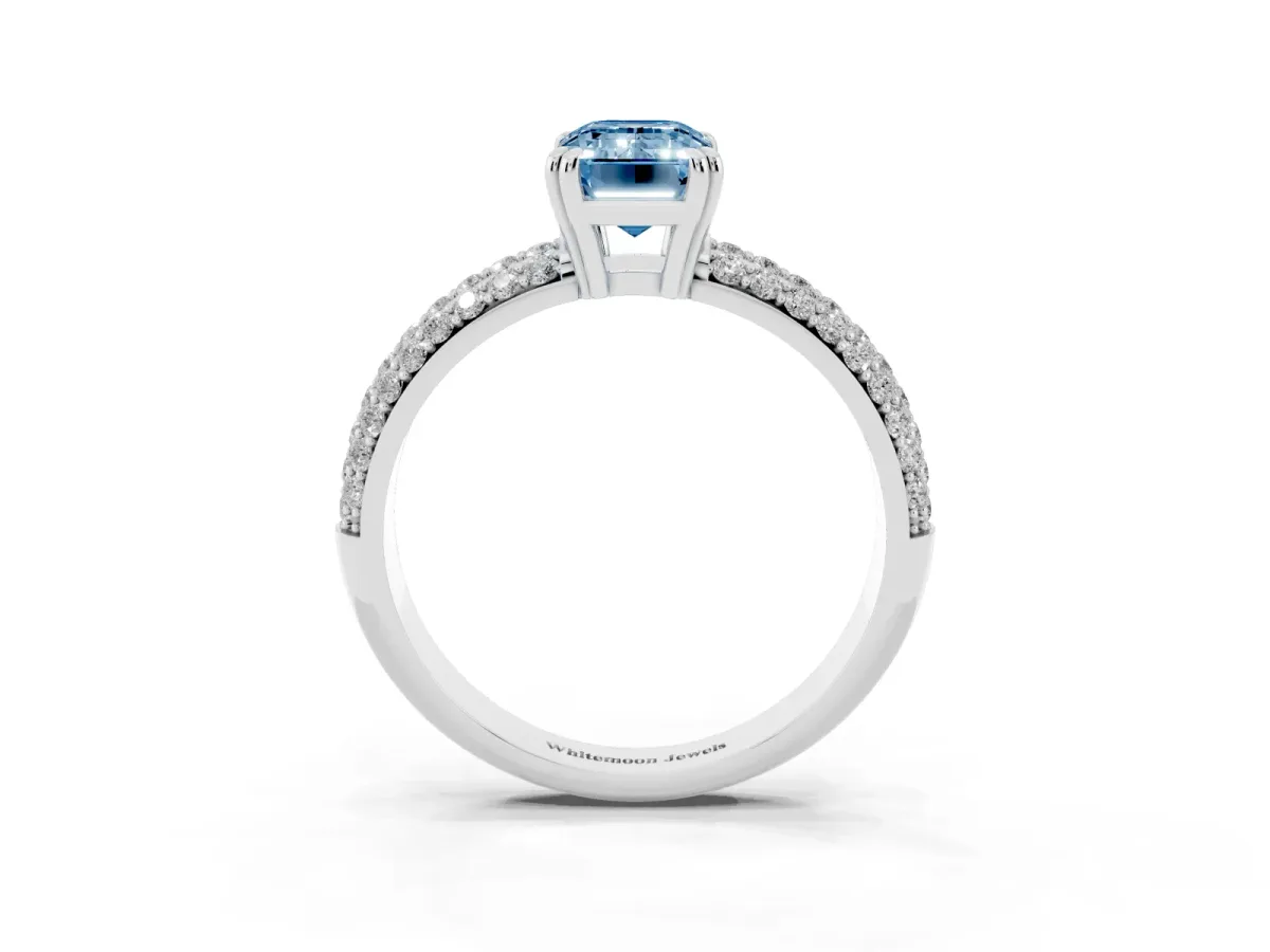 Fancy Blue Emerald Cut Diamond Solitaire Ring with Multi-Row Round Pavé Band and Prong Setting Silver