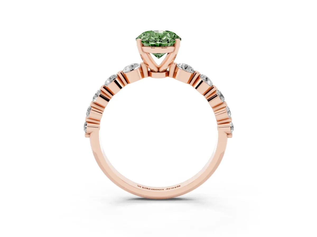 Fancy Green Oval Cut Solitaire Diamond Ring with Pave Band and Four-Prong Setting Rose gold