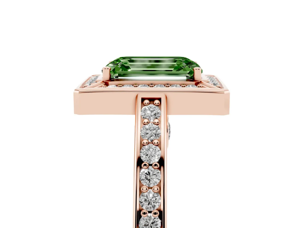Fancy Green Emerald Cut Cut Halo Pave Split Shank Prong Setting Ring Rose gold