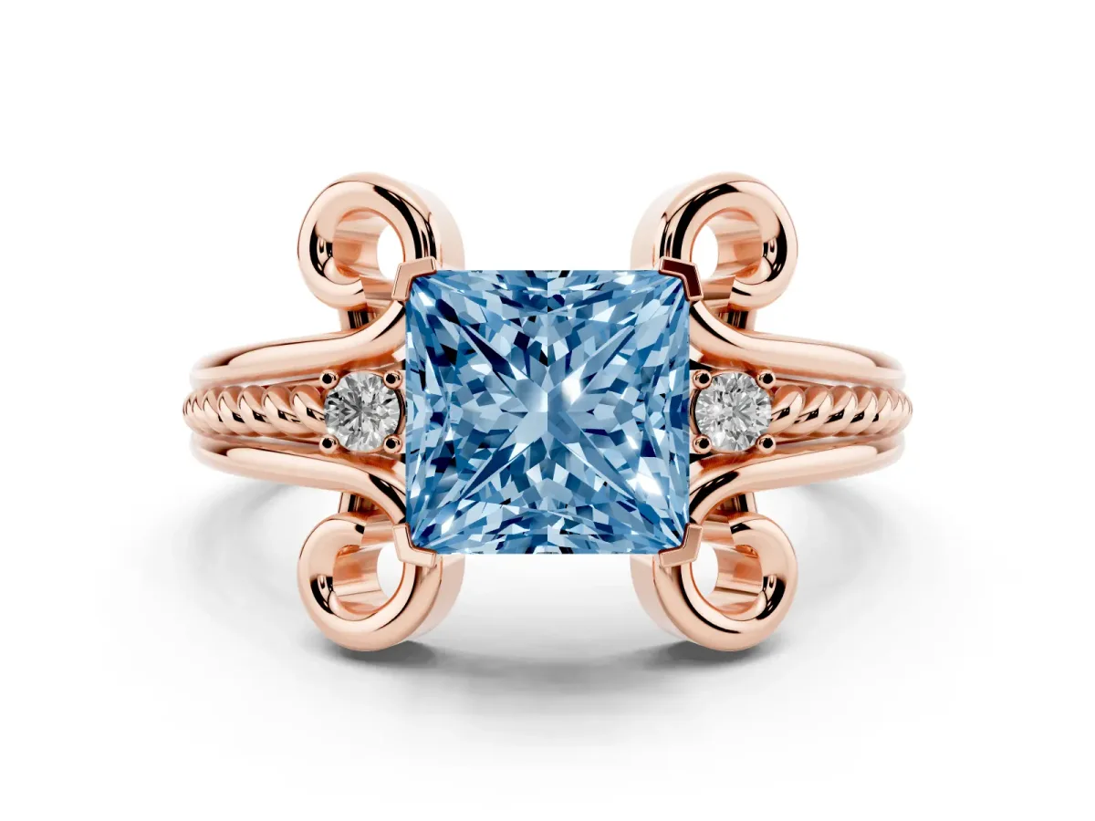 Fancy Blue Princess Cut Solitaire Twisted Band Scroll Prong Ring Rose gold
