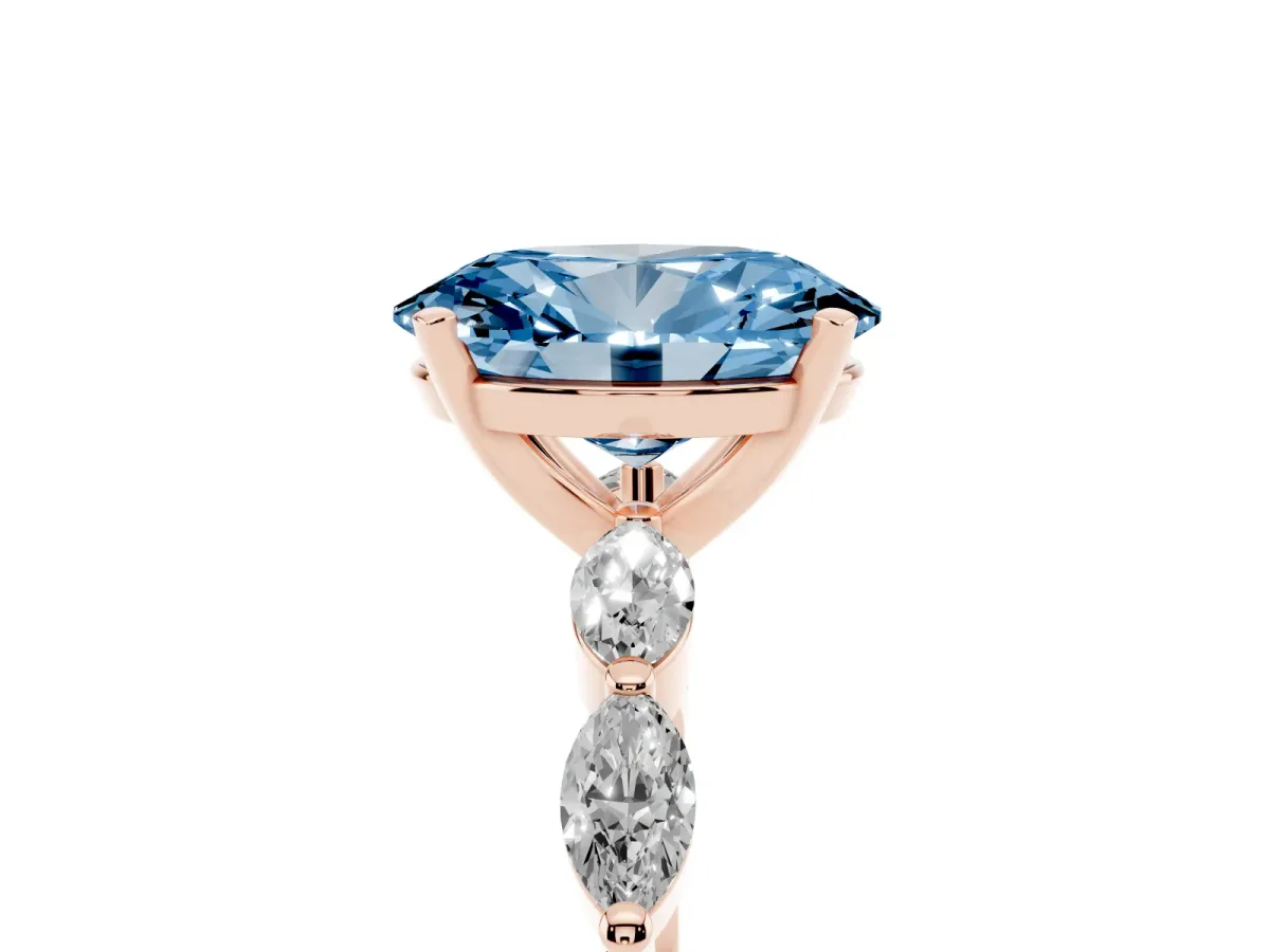 Fancy Blue Oval Cut Diamond Ring with Marquise Side Stones and Prong Setting Rose gold