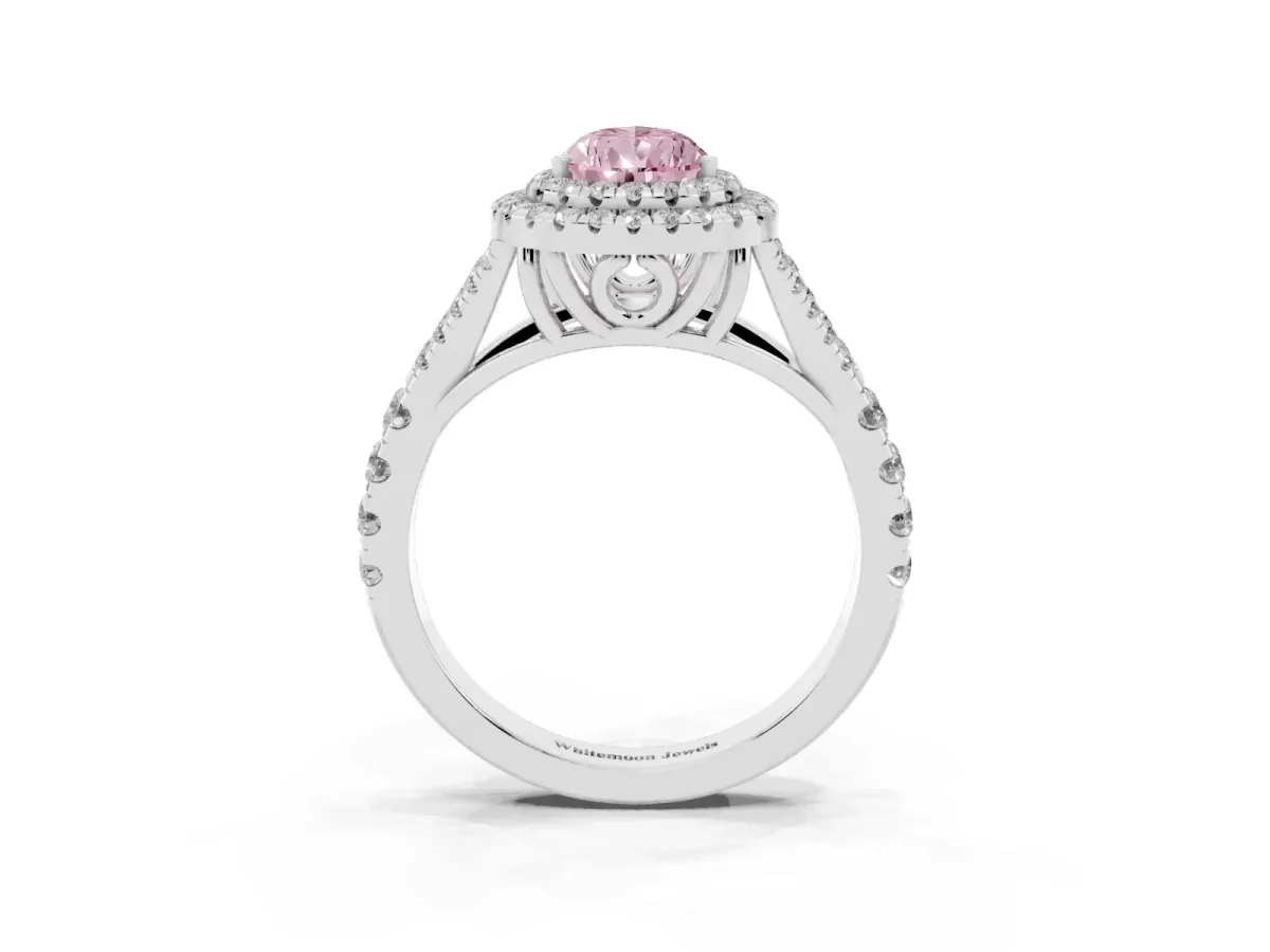 Fancy Pink Pear Cut Diamond Pavé Split Shank Double Halo Engagement Ring Silver