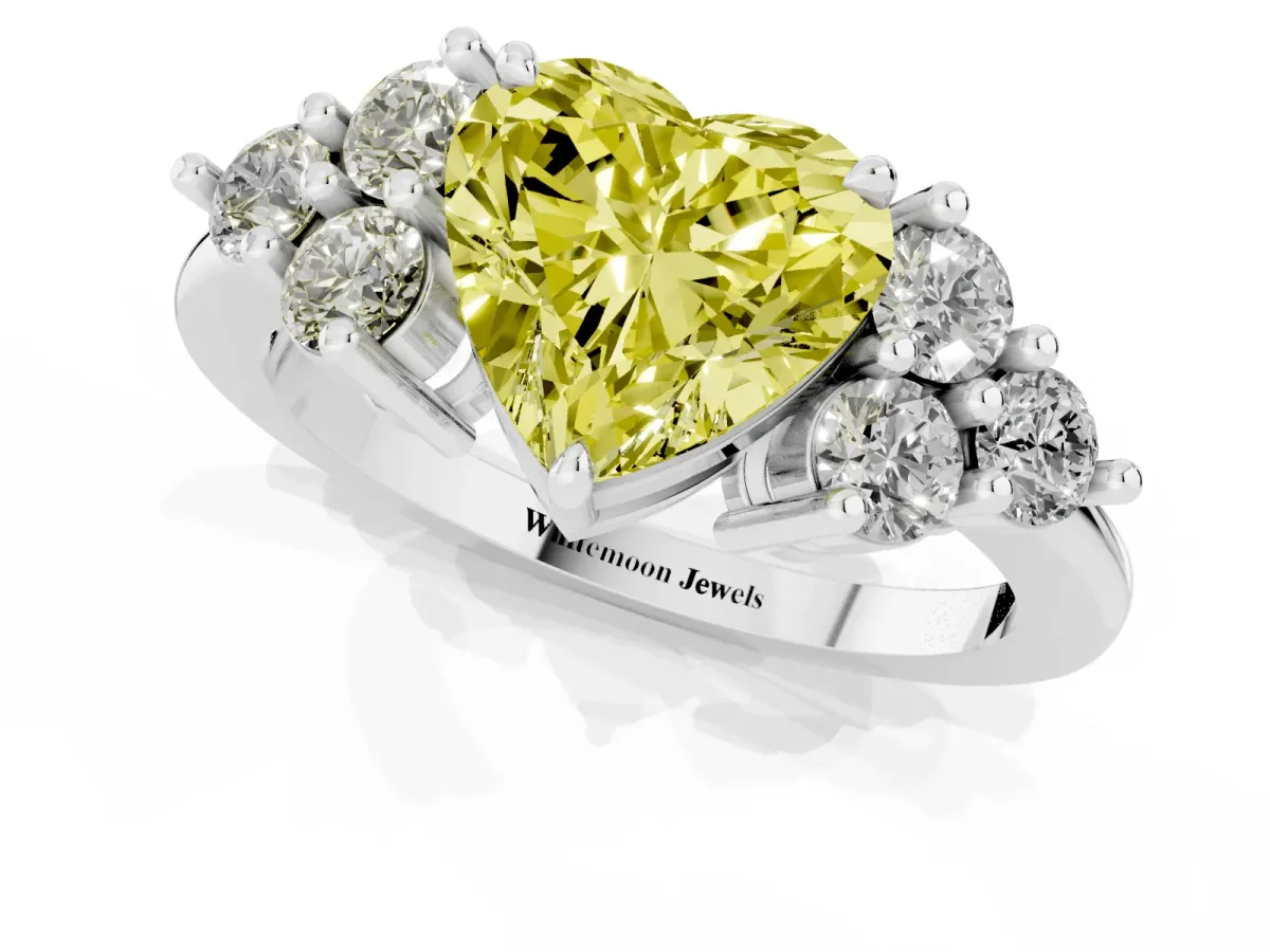 Fancy Yellow Heart Cut Brilliant Diamond Cluster Accent Solitaire Ring with Prong Setting Platinum