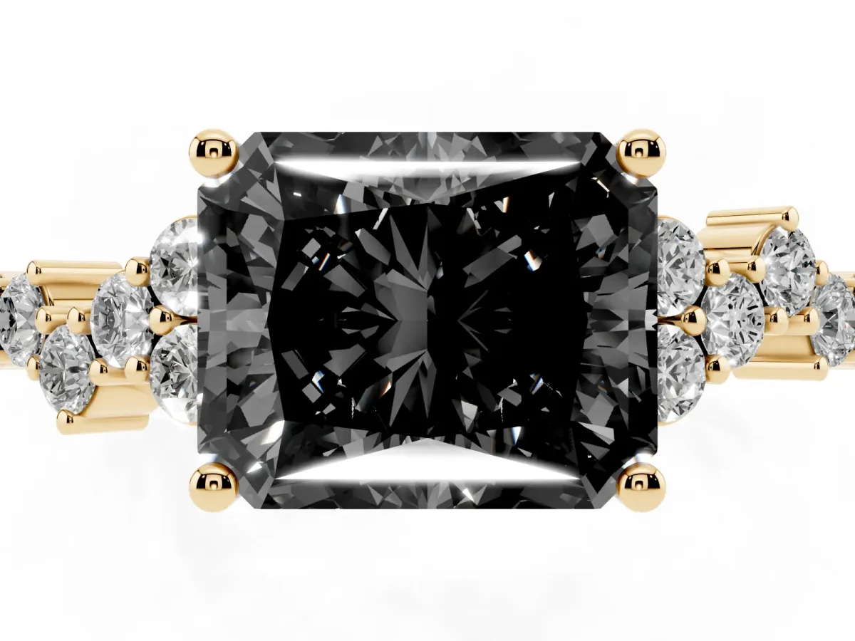 Fancy Black Radiant Cut Diamond Scattered Round Accent Ring with Prong Setting Yellow gold