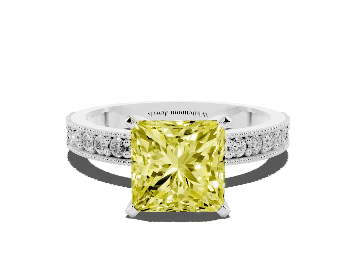 Fancy Yellow Princess Cut Diamond Milgrain Pavé Engagement Ring with Four-Prong Setting Silver