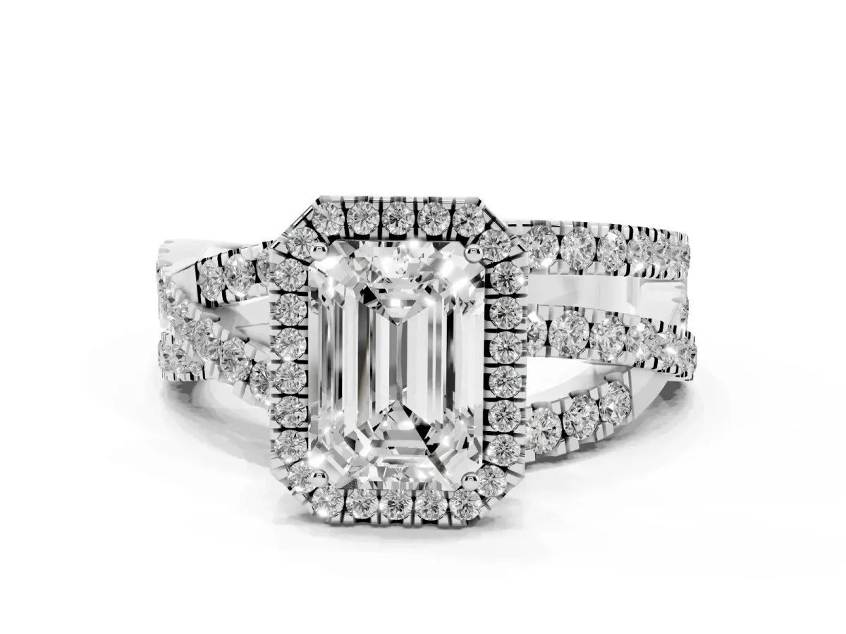 Emerald Cut Diamond Halo Ring with Round Split Shank and Prong Setting Silver