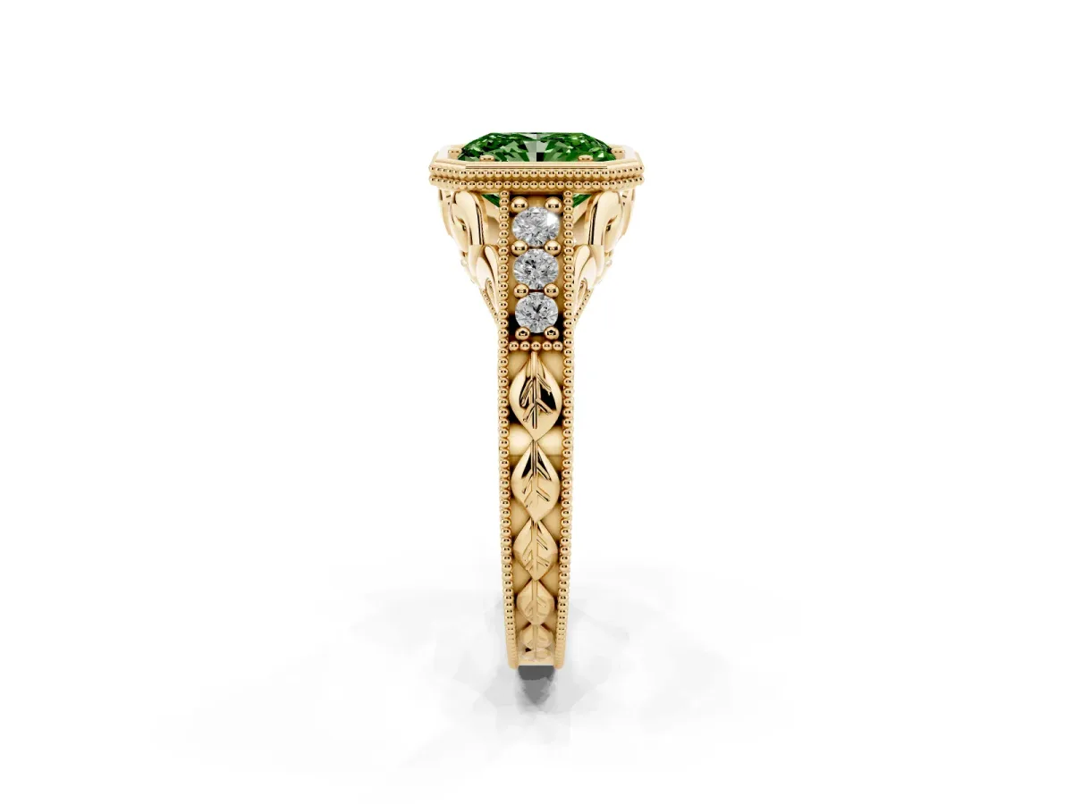 Fancy Green Bezel Set Radiant Cut Diamond Milgrain Pave Engagement Ring Yellow gold