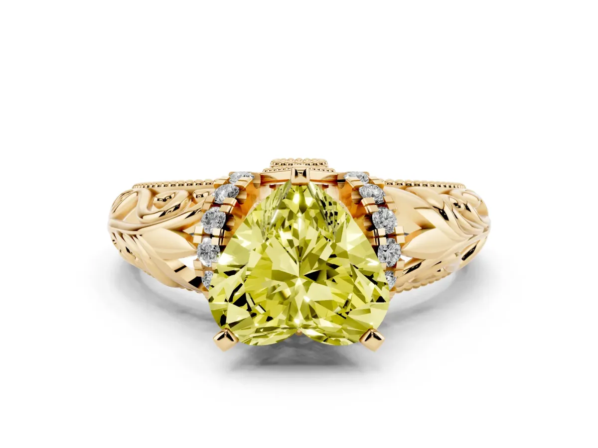 Fancy Yellow Heart Cut Solitaire Filigree Engagement Ring with Halo and Prong Setting Yellow gold