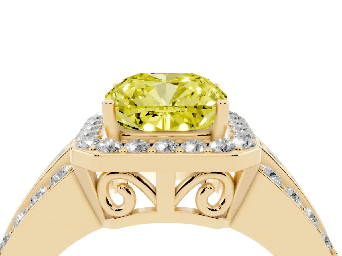 Fancy Yellow Cushion Cut Halo Diamond Ring with Round Split Shank and Prong Setting Yellow gold