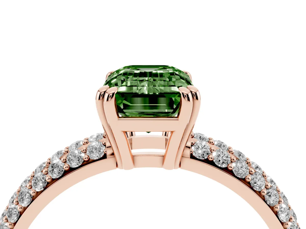 Fancy Green Emerald Cut Diamond Solitaire Ring with Multi-Row Round Pavé Band and Prong Setting Rose gold