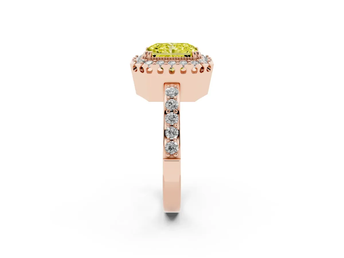 Fancy Yellow Radiant Cut Diamond Halo Ring with Pavé Band and Prong Setting Rose gold