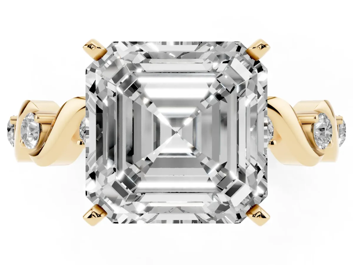 Asscher Cut Diamond Solitaire Twisted Band with Round Accents and Prong Setting Yellow gold