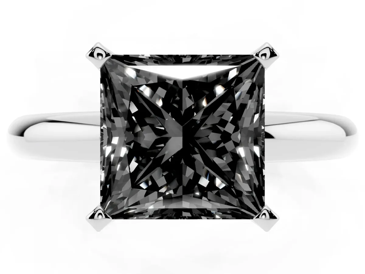Fancy Black Princess Cut Diamond Solitaire Engagement Ring with Round Band and Four-Prong Setting Platinum