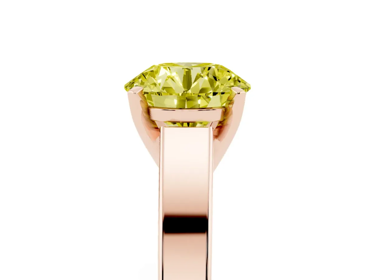 Fancy Yellow Round Cut Solitaire Engagement Ring with Four-Prong Setting and Tapered Band Rose gold