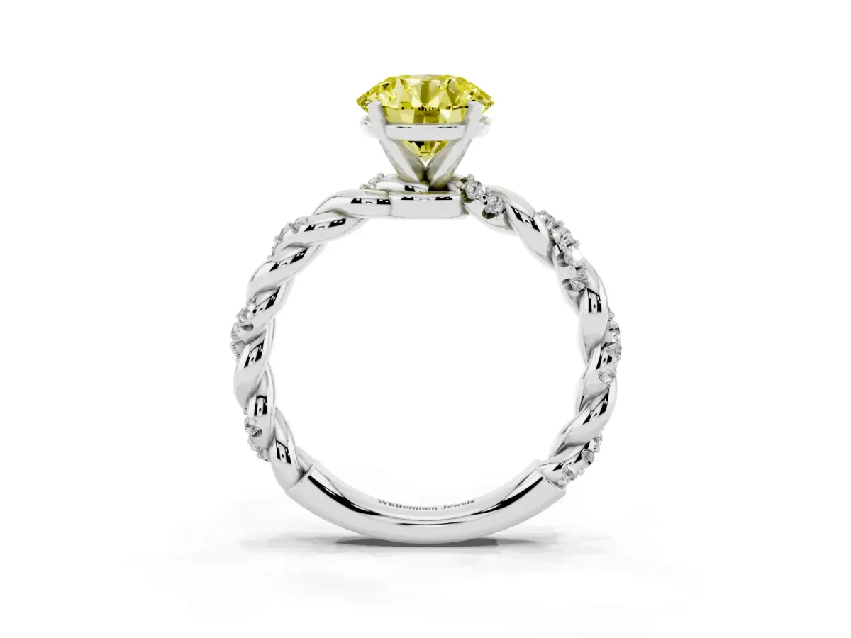 Fancy Yellow Round Cut Diamond Solitaire Ring with Twisted Band and Pavé Accents Silver